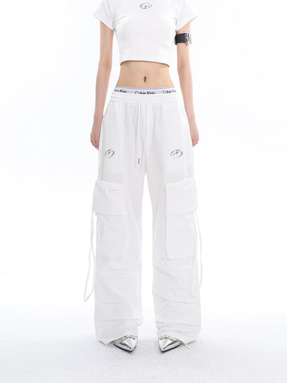 Antmvs Sia Solid Color White Slim Short Sleeve Cropped Top + High Waist Baggy Multi-Pocket Cargo Pants Matching Set