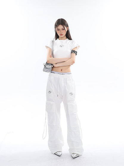 Antmvs Sia Solid Color White Slim Short Sleeve Cropped Top + High Waist Baggy Multi-Pocket Cargo Pants Matching Set