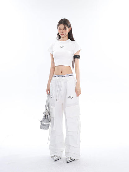 Antmvs Sia Solid Color White Slim Short Sleeve Cropped Top + High Waist Baggy Multi-Pocket Cargo Pants Matching Set