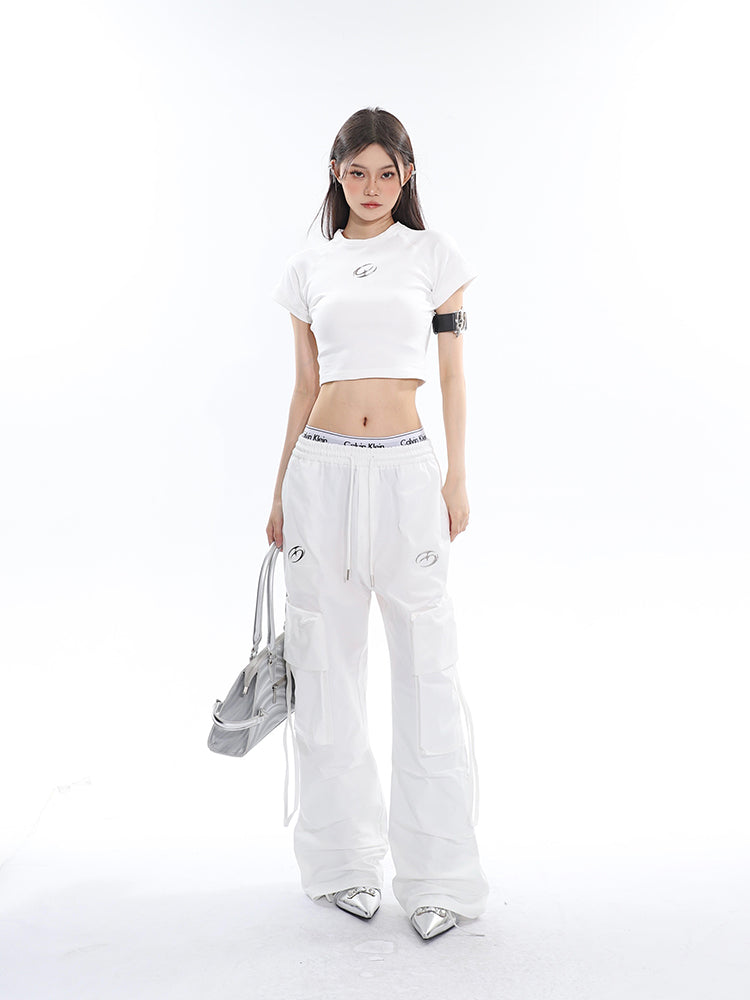 Antmvs Sia Solid Color White Slim Short Sleeve Cropped Top + High Waist Baggy Multi-Pocket Cargo Pants Matching Set