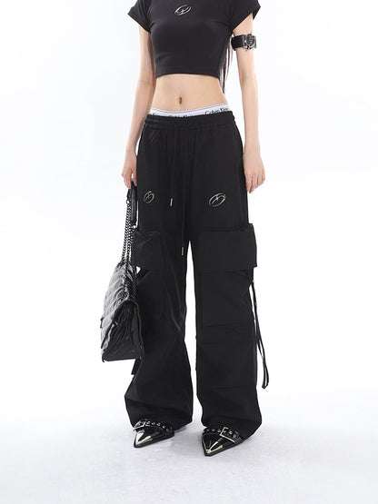 Antmvs Sia Solid Color White Slim Short Sleeve Cropped Top + High Waist Baggy Multi-Pocket Cargo Pants Matching Set