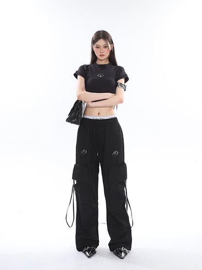 Antmvs Sia Solid Color White Slim Short Sleeve Cropped Top + High Waist Baggy Multi-Pocket Cargo Pants Matching Set