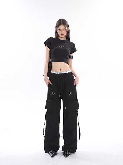 Antmvs Sia Solid Color White Slim Short Sleeve Cropped Top + High Waist Baggy Multi-Pocket Cargo Pants Matching Set