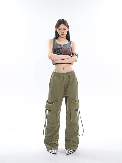 Antmvs Sia Solid Color White Slim Short Sleeve Cropped Top + High Waist Baggy Multi-Pocket Cargo Pants Matching Set