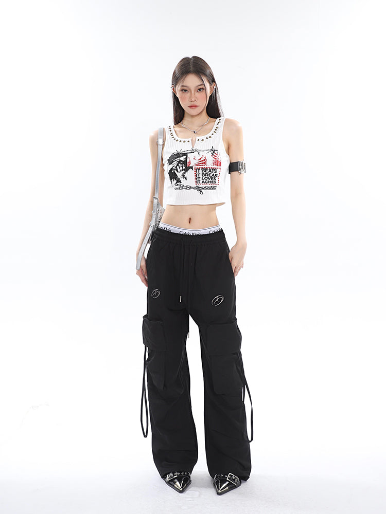 Antmvs Sia Solid Color White Slim Short Sleeve Cropped Top + High Waist Baggy Multi-Pocket Cargo Pants Matching Set