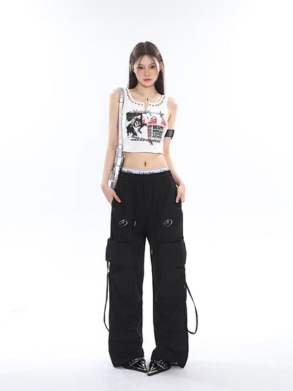 Antmvs Sia Solid Color White Slim Short Sleeve Cropped Top + High Waist Baggy Multi-Pocket Cargo Pants Matching Set