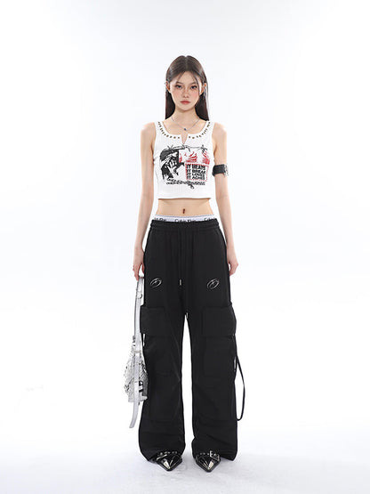 Antmvs Sia Solid Color White Slim Short Sleeve Cropped Top + High Waist Baggy Multi-Pocket Cargo Pants Matching Set