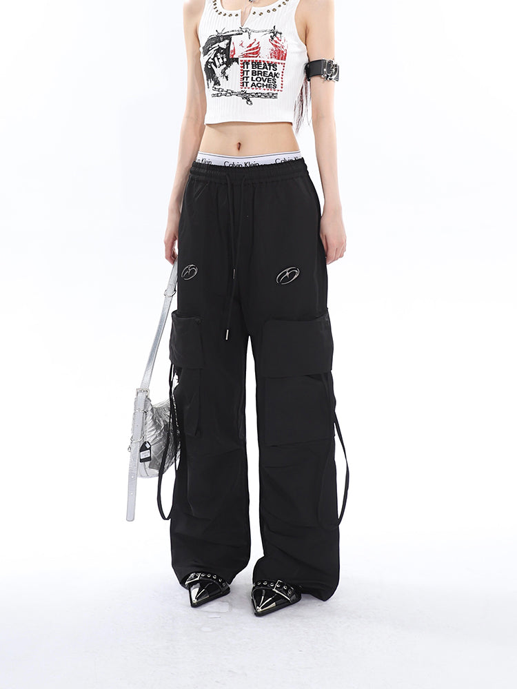 Antmvs Sia Solid Color White Slim Short Sleeve Cropped Top + High Waist Baggy Multi-Pocket Cargo Pants Matching Set