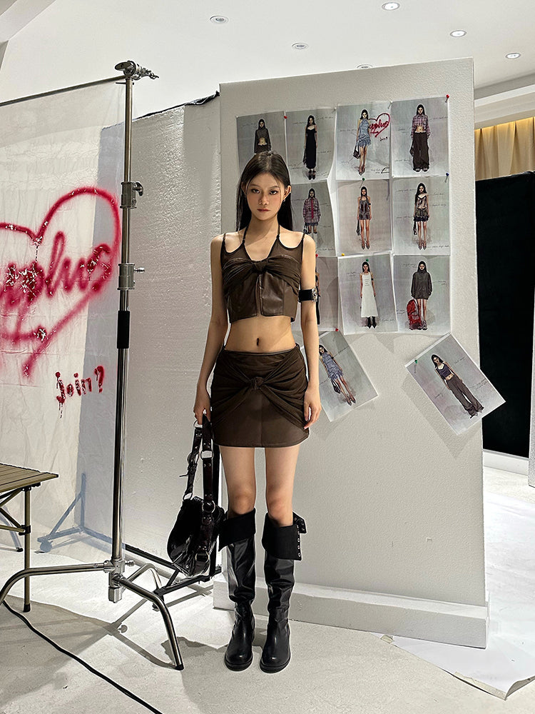 Antmvs Olly Solid Color Brown Mesh Panel Faux Leather Multi-Strap Front Slit Cropped Top + Mid Waist Brown Mesh Panel Faux Leather Mini Skirt Matching Set