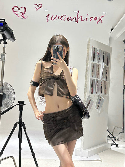 Antmvs Olly Solid Color Brown Mesh Panel Faux Leather Multi-Strap Front Slit Cropped Top + Mid Waist Brown Mesh Panel Faux Leather Mini Skirt Matching Set