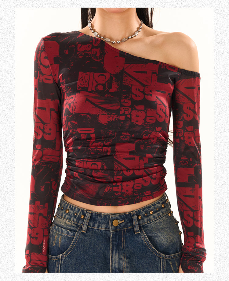 Antmvs Maranda Graphic Pattern Print Contrast Red & Black Color Off-One-Shoulder Long Sleeve Slim Cropped Top