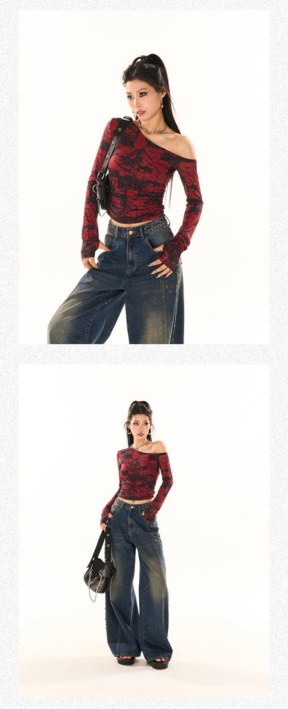 Antmvs Maranda Graphic Pattern Print Contrast Red & Black Color Off-One-Shoulder Long Sleeve Slim Cropped Top