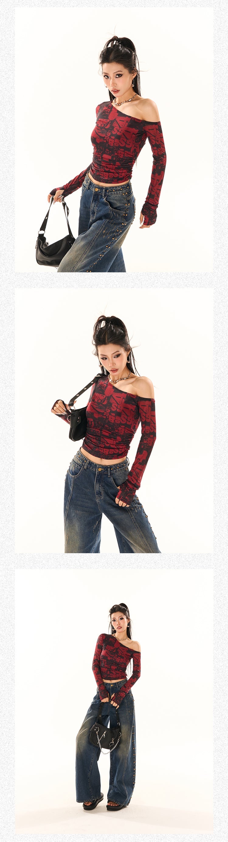 Antmvs Maranda Graphic Pattern Print Contrast Red & Black Color Off-One-Shoulder Long Sleeve Slim Cropped Top