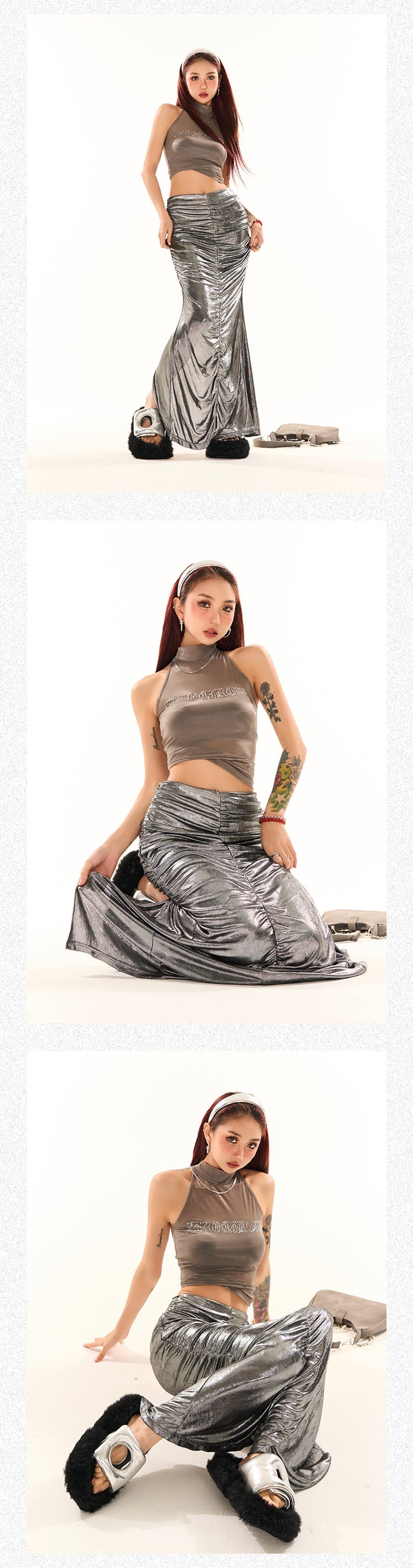 Antmvs Milia Solid Color Sheer See Through Diamond Rhinestone Design Slim Pleated Cropped Top