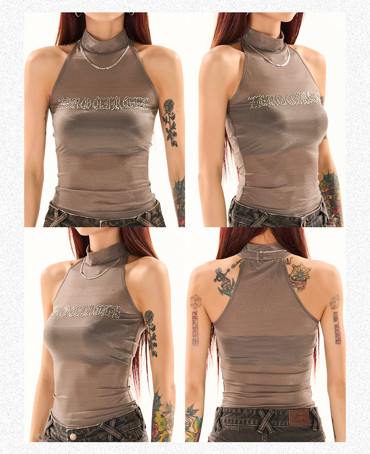 Antmvs Milia Solid Color Sheer See Through Diamond Rhinestone Design Slim Pleated Cropped Top