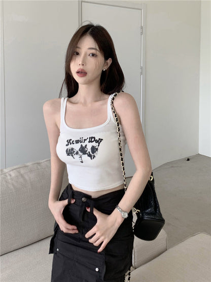 Antmvs Sunio Graphic Letter Print Red Spaghetti Multi-Strap Slim Cropped Camisole Top