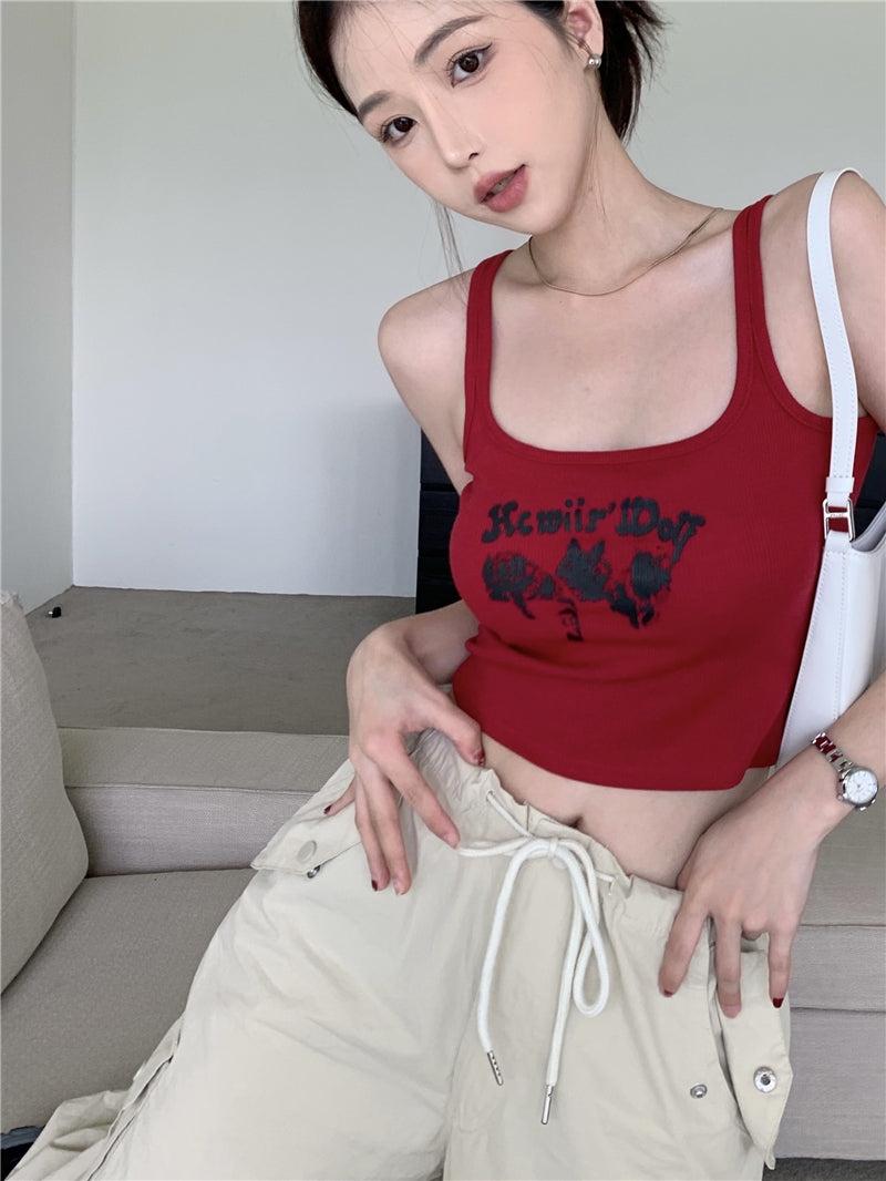 Antmvs Sunio Graphic Letter Print Red Spaghetti Multi-Strap Slim Cropped Camisole Top