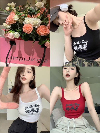 Antmvs Sunio Graphic Letter Print Red Spaghetti Multi-Strap Slim Cropped Camisole Top