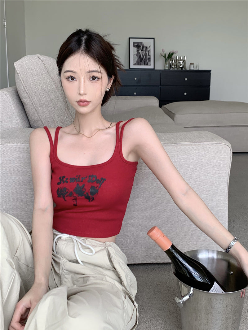 Antmvs Sunio Graphic Letter Print Red Spaghetti Multi-Strap Slim Cropped Camisole Top