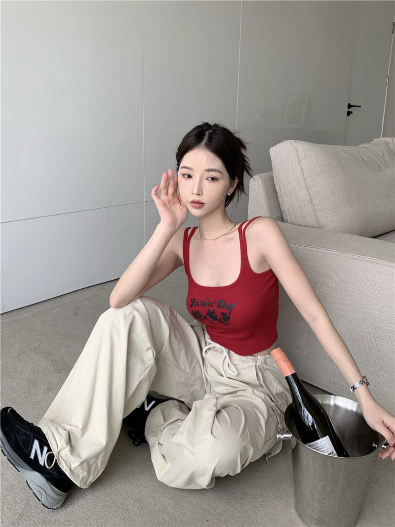 Antmvs Sunio Graphic Letter Print Red Spaghetti Multi-Strap Slim Cropped Camisole Top