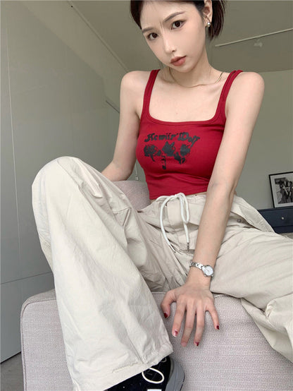 Antmvs Sunio Graphic Letter Print Red Spaghetti Multi-Strap Slim Cropped Camisole Top