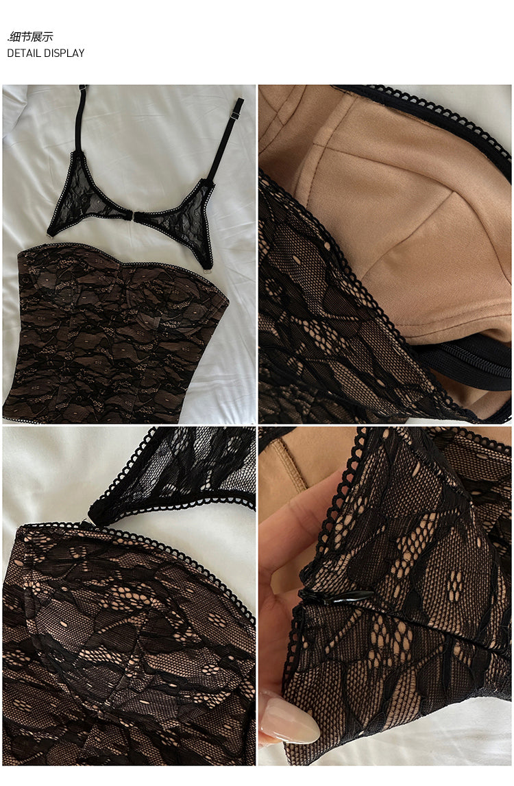 Antmvs Cani Black & Nude Detachable Shoulder Strap Two Lace Straps Chest Pads Bandeau Sleeveless Slim Top