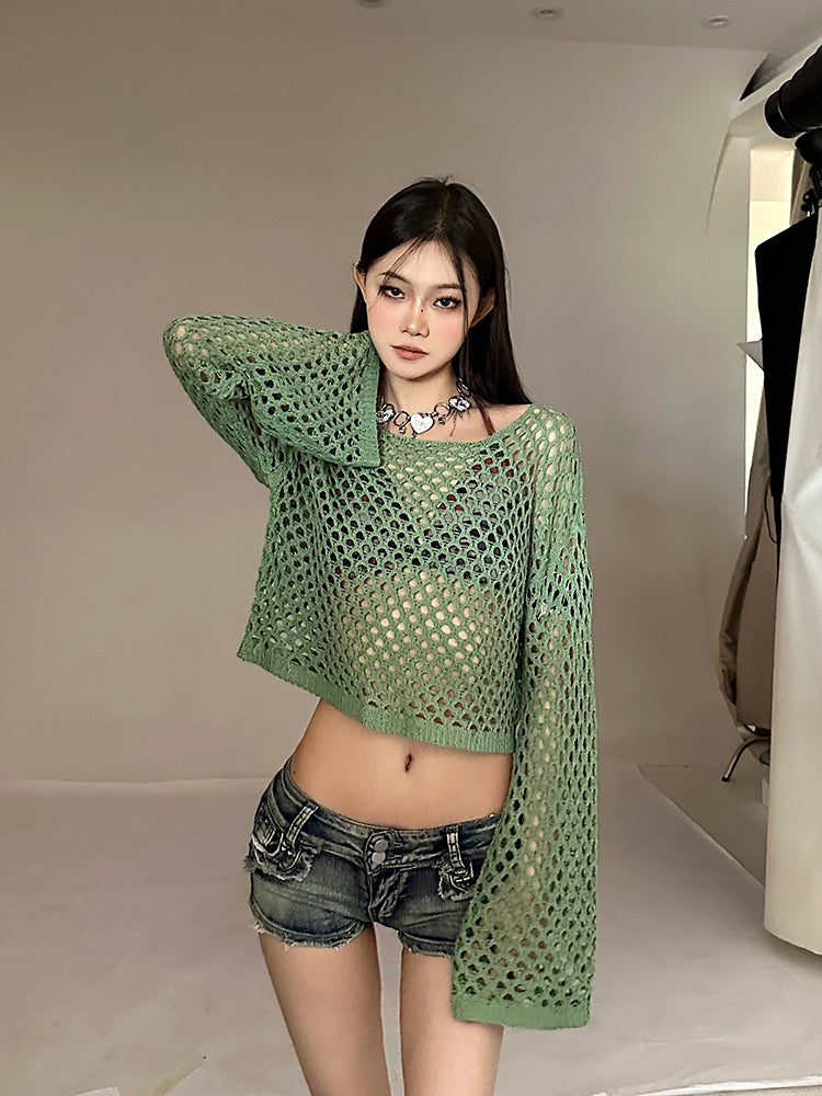 Antmvs Kaira Solid Color Round Neck Fish Neck Long Sleeve Cropped Top