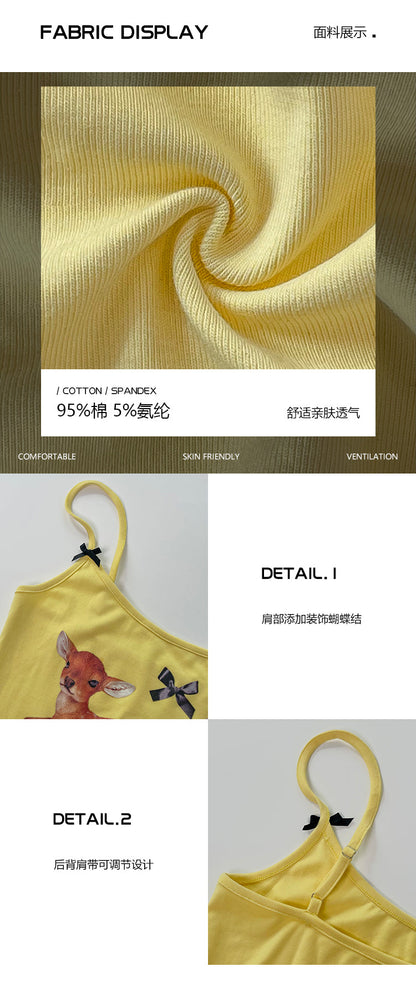 Antmvs Deer Graphic Image Print Solid Color Yellow Spaghetti Strap Square Neck Slim Camisole Cropped Top