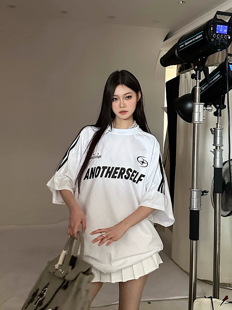 Antmvs ANOTHERSELF Graphic Letter Print Solid Color Loose Short Stripe Sleeve Tee Shirt Top