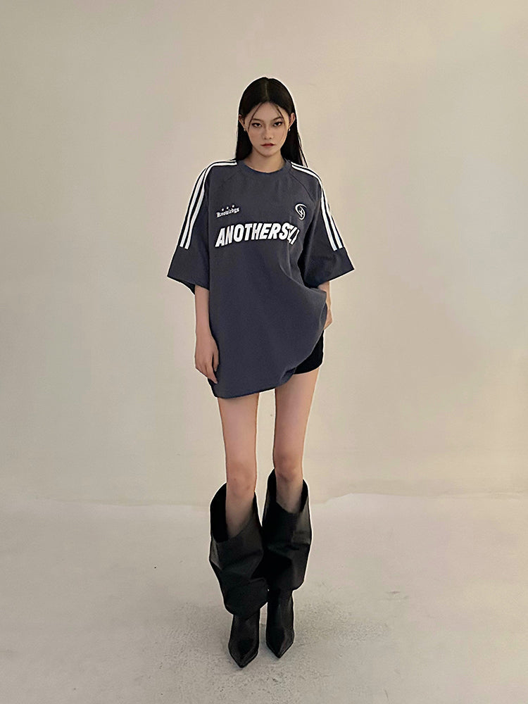 Antmvs ANOTHERSELF Graphic Letter Print Solid Color Loose Short Stripe Sleeve Tee Shirt Top