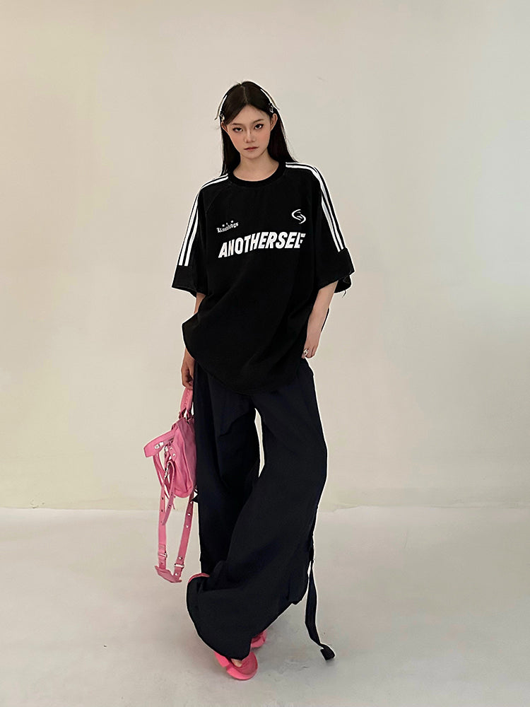 Antmvs ANOTHERSELF Graphic Letter Print Solid Color Loose Short Stripe Sleeve Tee Shirt Top