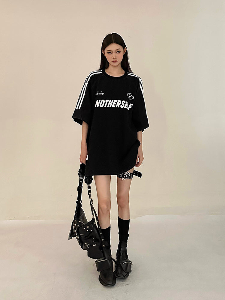 Antmvs ANOTHERSELF Graphic Letter Print Solid Color Loose Short Stripe Sleeve Tee Shirt Top