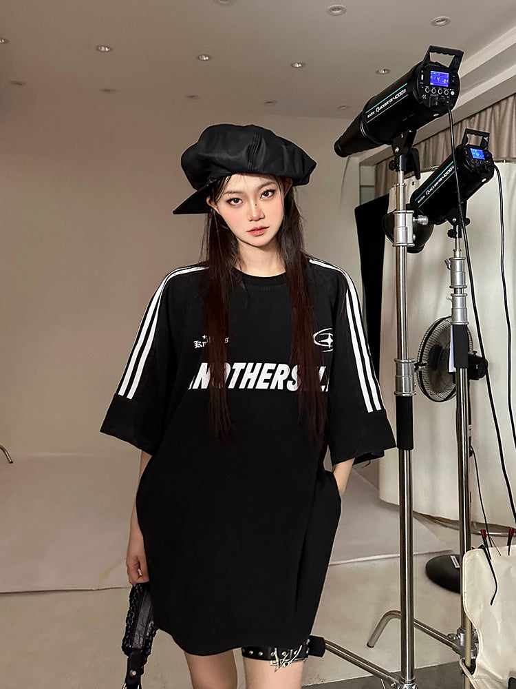 Antmvs ANOTHERSELF Graphic Letter Print Solid Color Loose Short Stripe Sleeve Tee Shirt Top