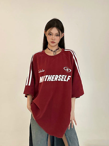 Antmvs ANOTHERSELF Graphic Letter Print Solid Color Loose Short Stripe Sleeve Tee Shirt Top