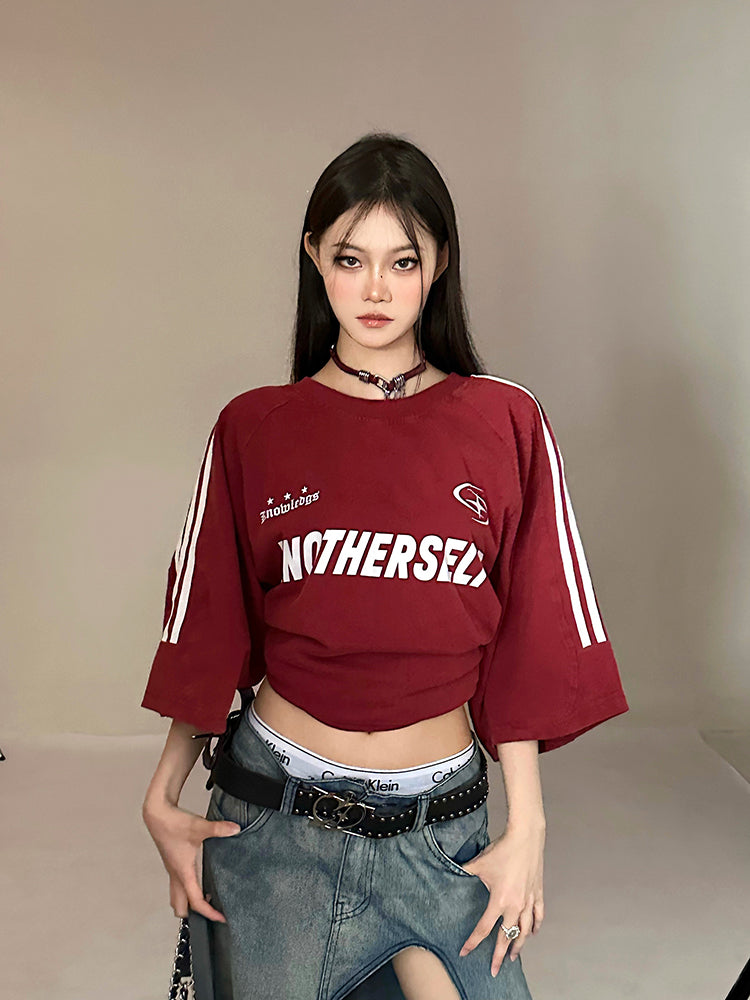 Antmvs ANOTHERSELF Graphic Letter Print Solid Color Loose Short Stripe Sleeve Tee Shirt Top