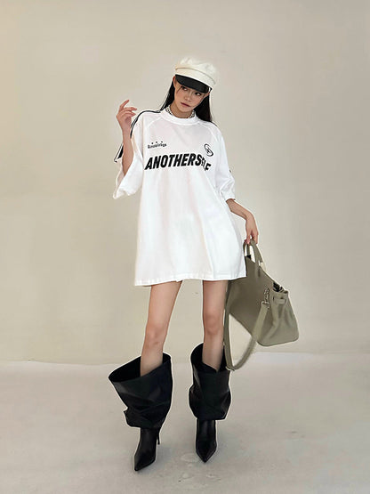 Antmvs ANOTHERSELF Graphic Letter Print Solid Color Loose Short Stripe Sleeve Tee Shirt Top