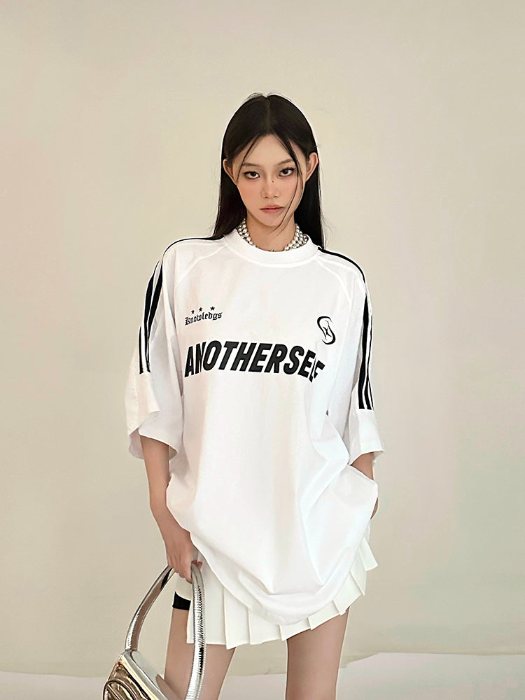 Antmvs ANOTHERSELF Graphic Letter Print Solid Color Loose Short Stripe Sleeve Tee Shirt Top