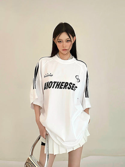 Antmvs ANOTHERSELF Graphic Letter Print Solid Color Loose Short Stripe Sleeve Tee Shirt Top