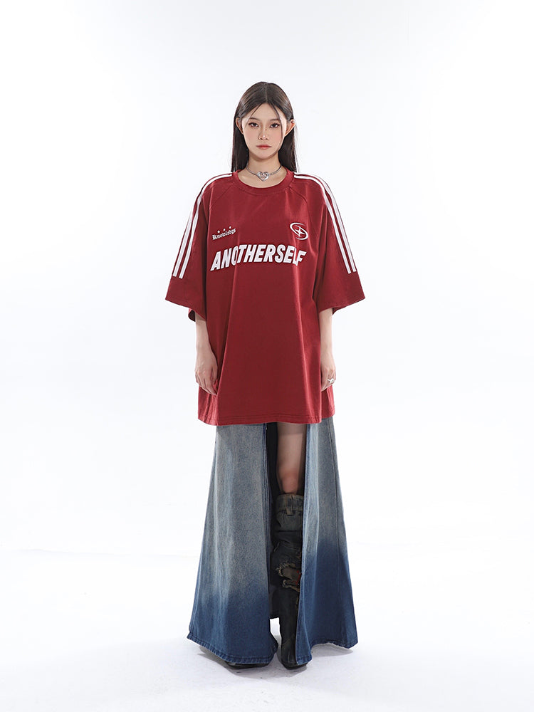 Antmvs ANOTHERSELF Graphic Letter Print Solid Color Loose Short Stripe Sleeve Tee Shirt Top