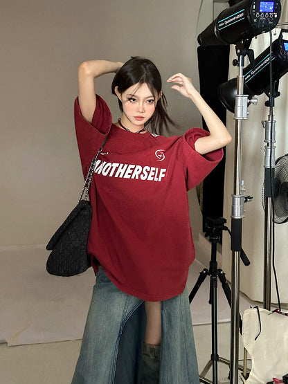 Antmvs ANOTHERSELF Graphic Letter Print Solid Color Loose Short Stripe Sleeve Tee Shirt Top