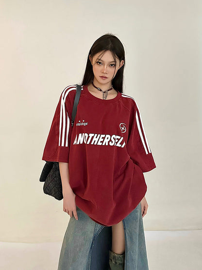 Antmvs ANOTHERSELF Graphic Letter Print Solid Color Loose Short Stripe Sleeve Tee Shirt Top