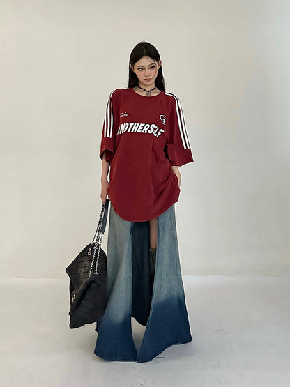 Antmvs ANOTHERSELF Graphic Letter Print Solid Color Loose Short Stripe Sleeve Tee Shirt Top