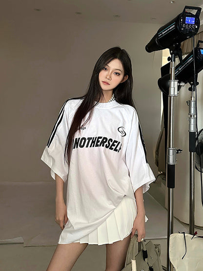 Antmvs ANOTHERSELF Graphic Letter Print Solid Color Loose Short Stripe Sleeve Tee Shirt Top