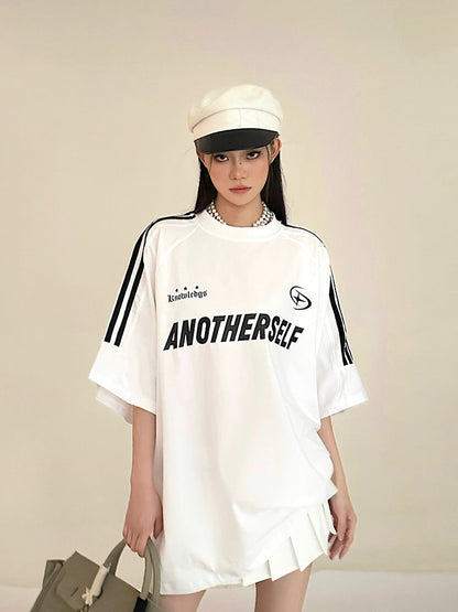 Antmvs ANOTHERSELF Graphic Letter Print Solid Color Loose Short Stripe Sleeve Tee Shirt Top