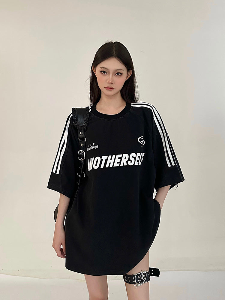 Antmvs ANOTHERSELF Graphic Letter Print Solid Color Loose Short Stripe Sleeve Tee Shirt Top