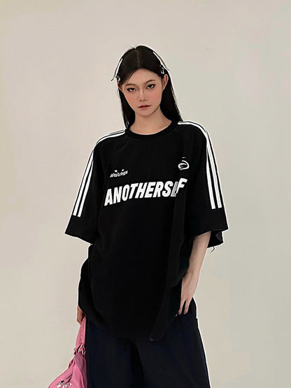 Antmvs ANOTHERSELF Graphic Letter Print Solid Color Loose Short Stripe Sleeve Tee Shirt Top