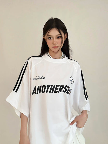 Antmvs ANOTHERSELF Graphic Letter Print Solid Color Loose Short Stripe Sleeve Tee Shirt Top