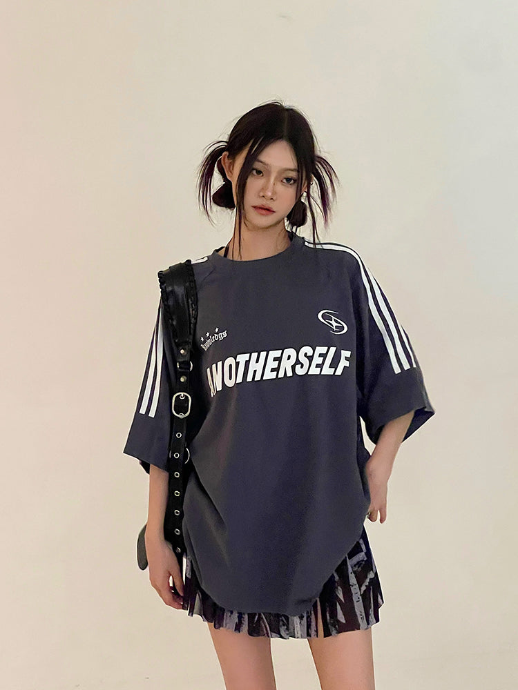 Antmvs ANOTHERSELF Graphic Letter Print Solid Color Loose Short Stripe Sleeve Tee Shirt Top