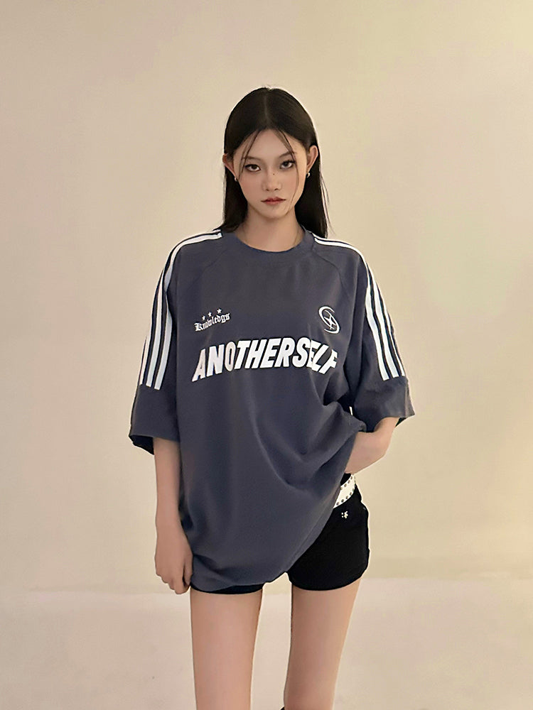 Antmvs ANOTHERSELF Graphic Letter Print Solid Color Loose Short Stripe Sleeve Tee Shirt Top