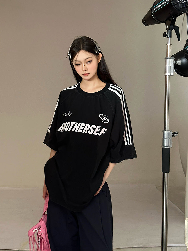 Antmvs ANOTHERSELF Graphic Letter Print Solid Color Loose Short Stripe Sleeve Tee Shirt Top